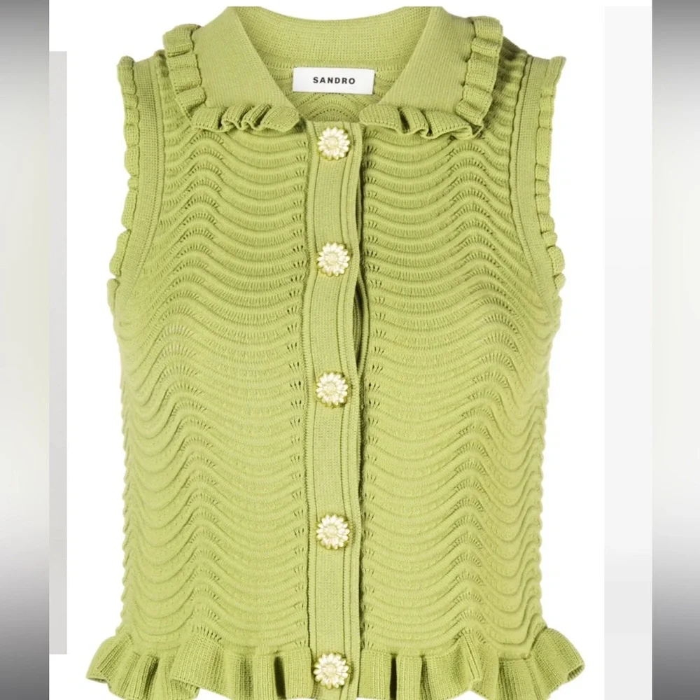 Sandro Olive Green Sleeveless Button-Down Knit Top - Picture 4 of 5